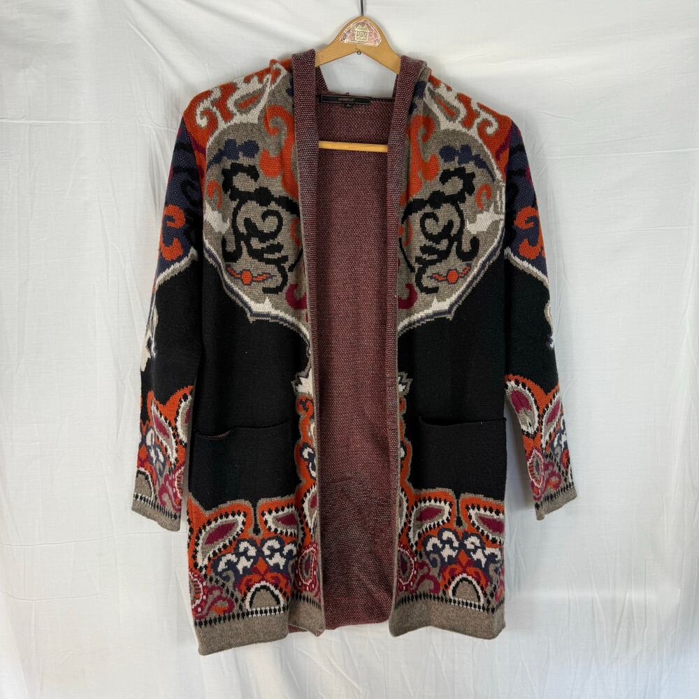 MAXSPORT Boho Open Cardigan Sweater Coat Hooded Size Small Paisley Black